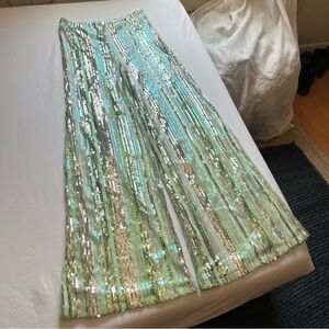 High-Rise Sequin Wide Leg Pants in Mint Green and Silver